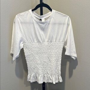 Divided White Smocked Ruffled Short Sleeve Tee